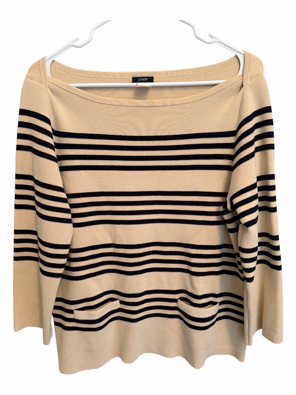 J. Crew Cream and Navy Striped Wide Shoulder Sweater. 3/4 sleeve. Size Medium